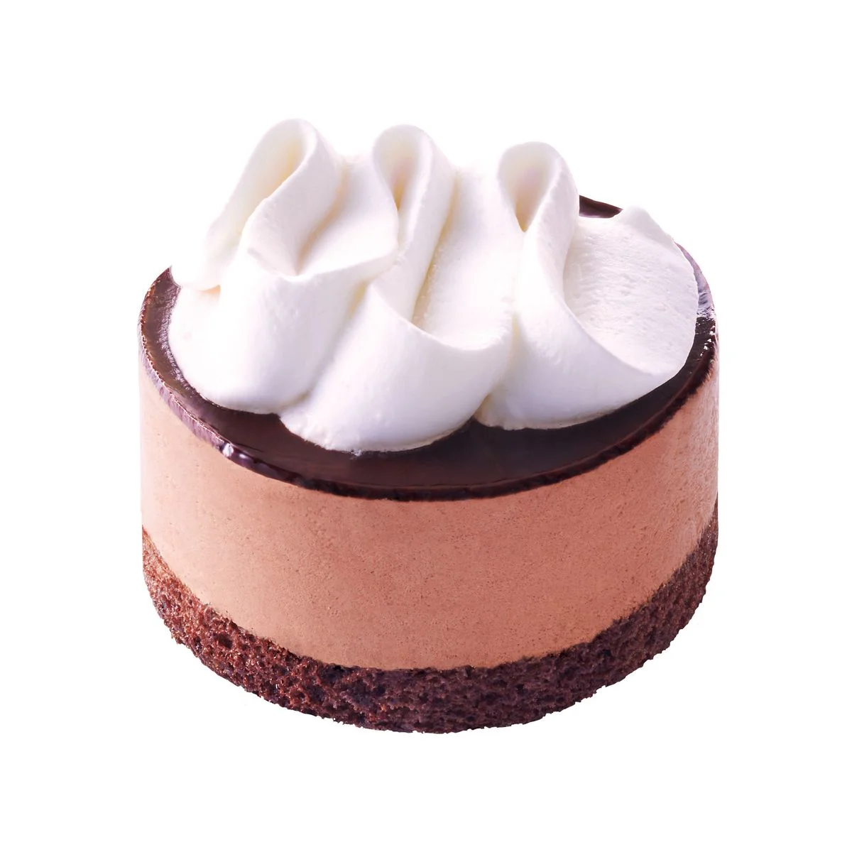 フローラルチョコムース。ホイップとチョコ層が乗った円形ケーキ