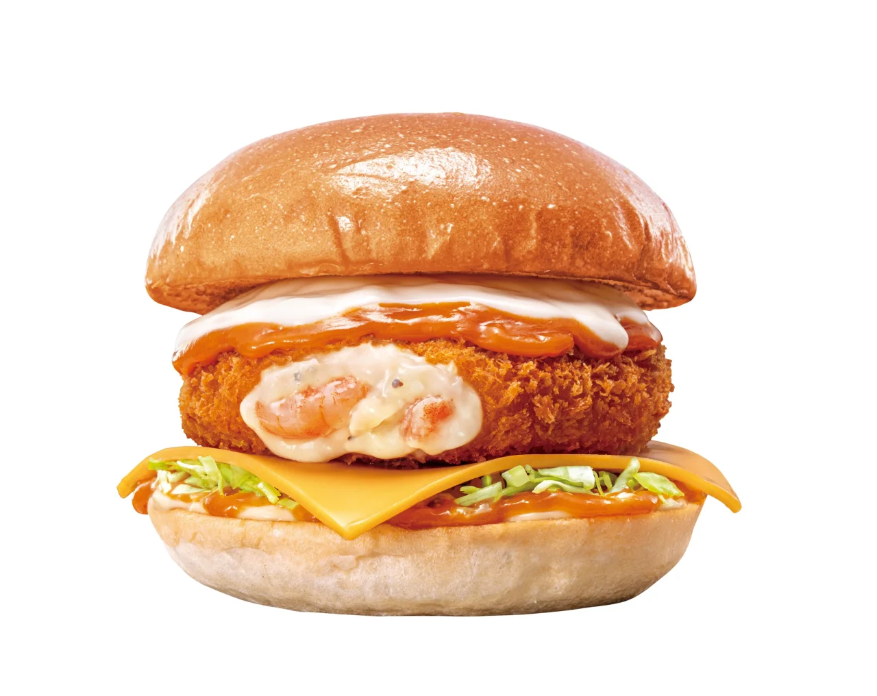 贅沢ビスクのえびグラタンバーガー。えびグラタンコロッケとソース、チーズ入り