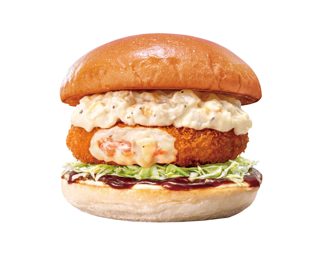 タルデミえびグラタンバーガー。タルタルソースとえびグラタンコロッケをバンズで挟んだ外観
