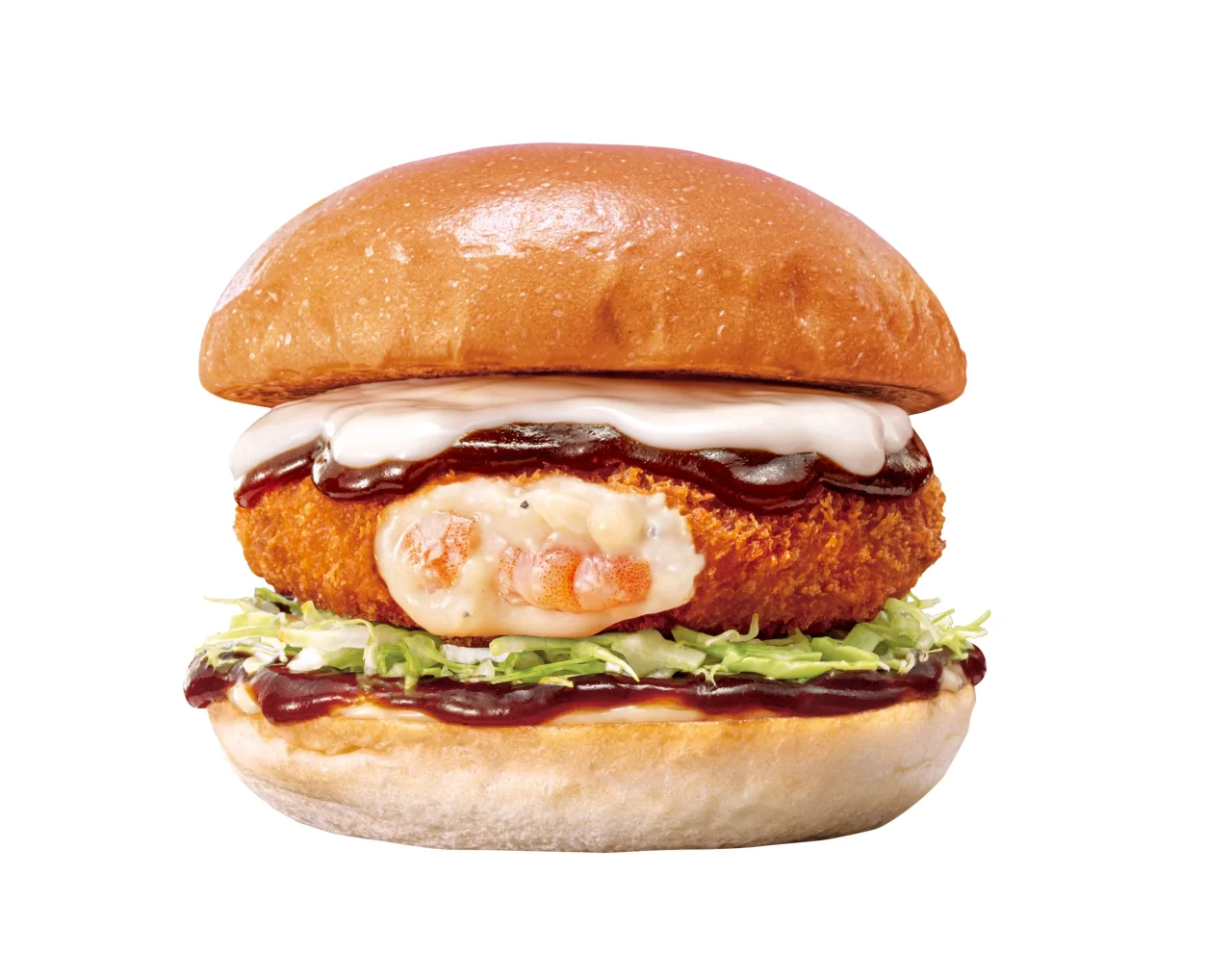 デミチーズえびグラタンバーガー。えびグラタンコロッケとキャベツ、ソースをバンズで挟んだ外観