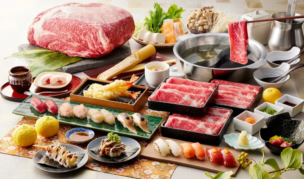 ゆず庵の寿司・しゃぶしゃぶ・天ぷらが並ぶ料理