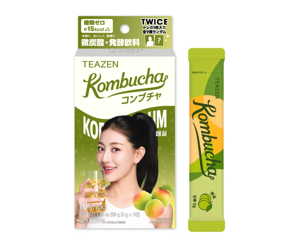 TEAZEN 梅コンブチャ TW2のパッケージと緑のスティック包装