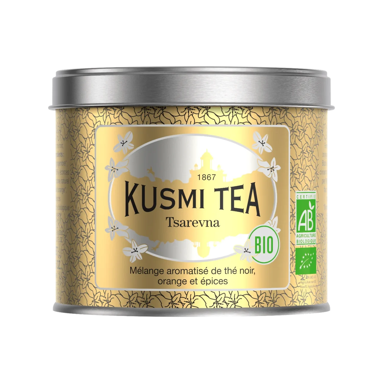 ツァレブナの100g缶。金色の柄にKUSMI TEAのロゴとBIOマーク