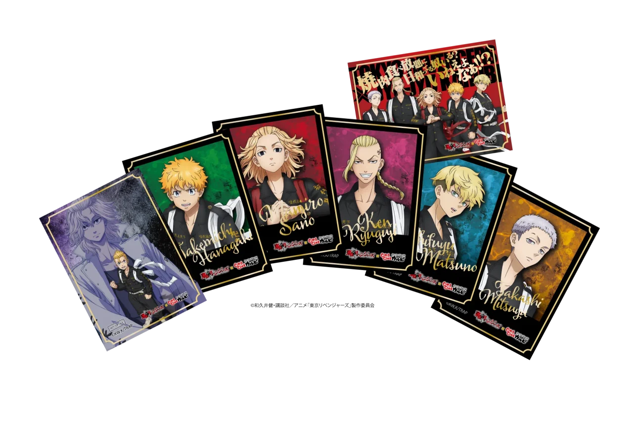 箔押しオリジナルカードノベルティのイメージ。キャラクターのカード6枚と集合カード