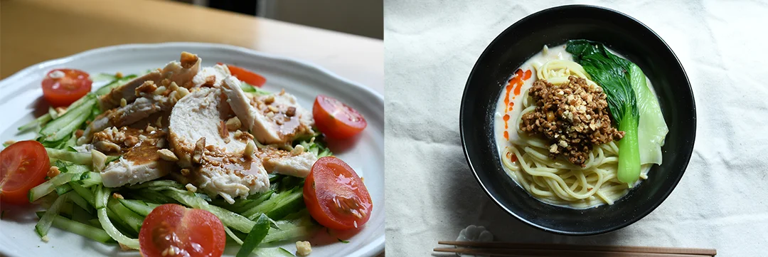 鶏肉とキュウリのサラダと、そぼろがのった担々麺の料理例