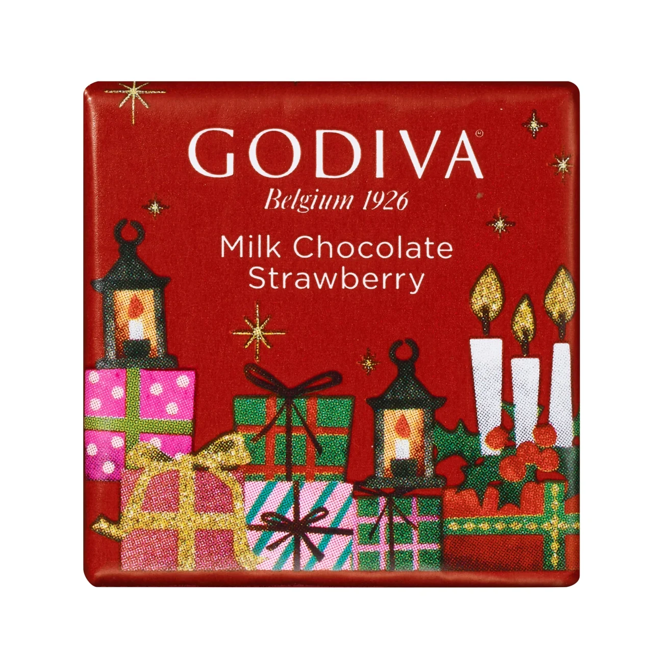 カレ ミルク チョコレート ストロベリー、赤いクリスマス柄の四角いチョコ
