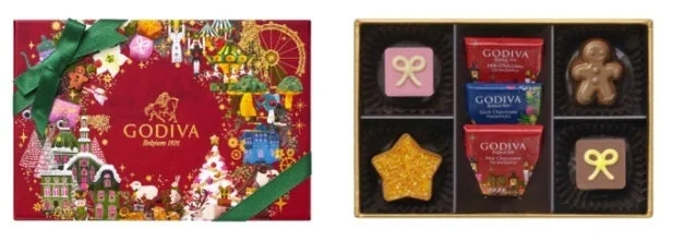 ゴディバ プティフール アソートメントの赤い箱と7粒のチョコレート