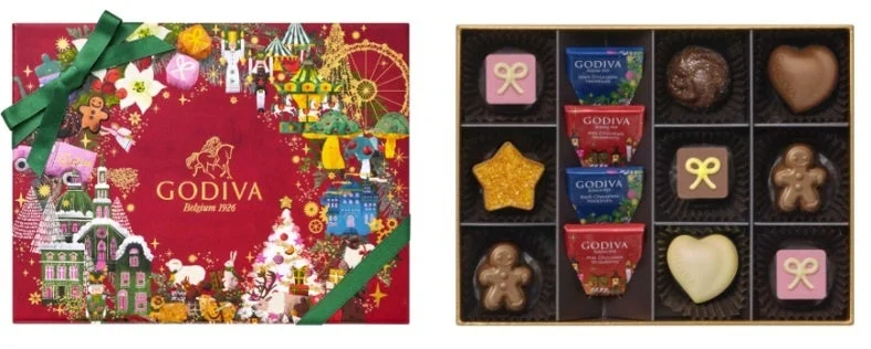 ゴディバ プティフール アソートメントの赤いリース柄の箱と中身のチョコレート