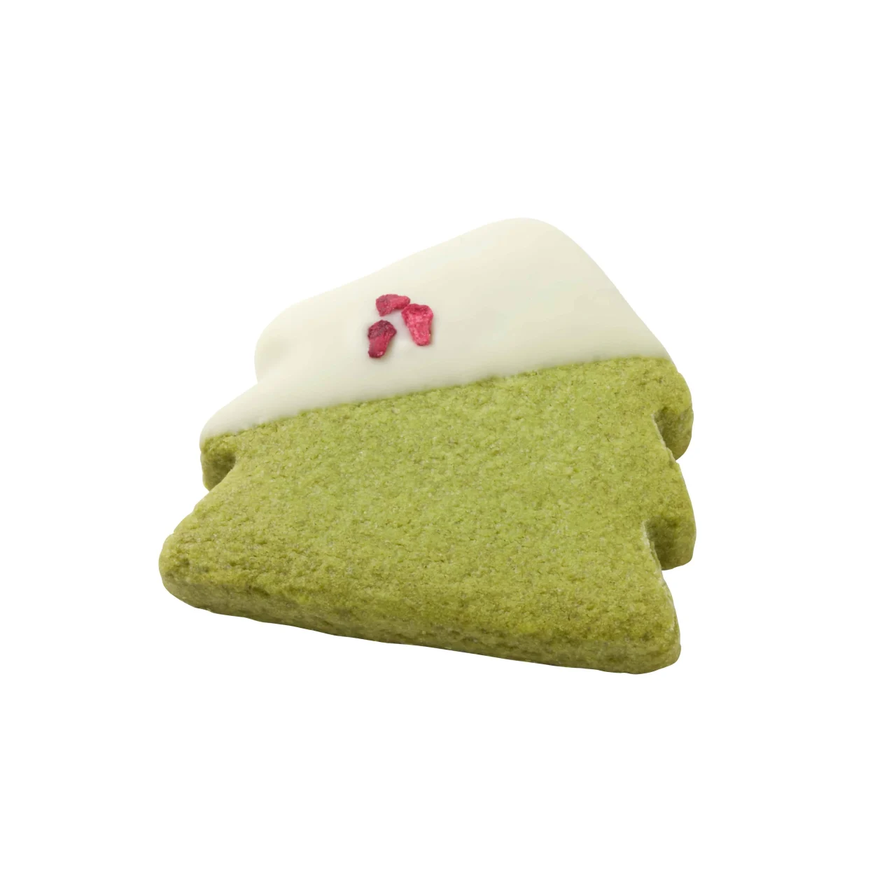 もみの木サブレ（ピスタチオ）。ホワイトチョコがけの緑色のツリー形クッキー