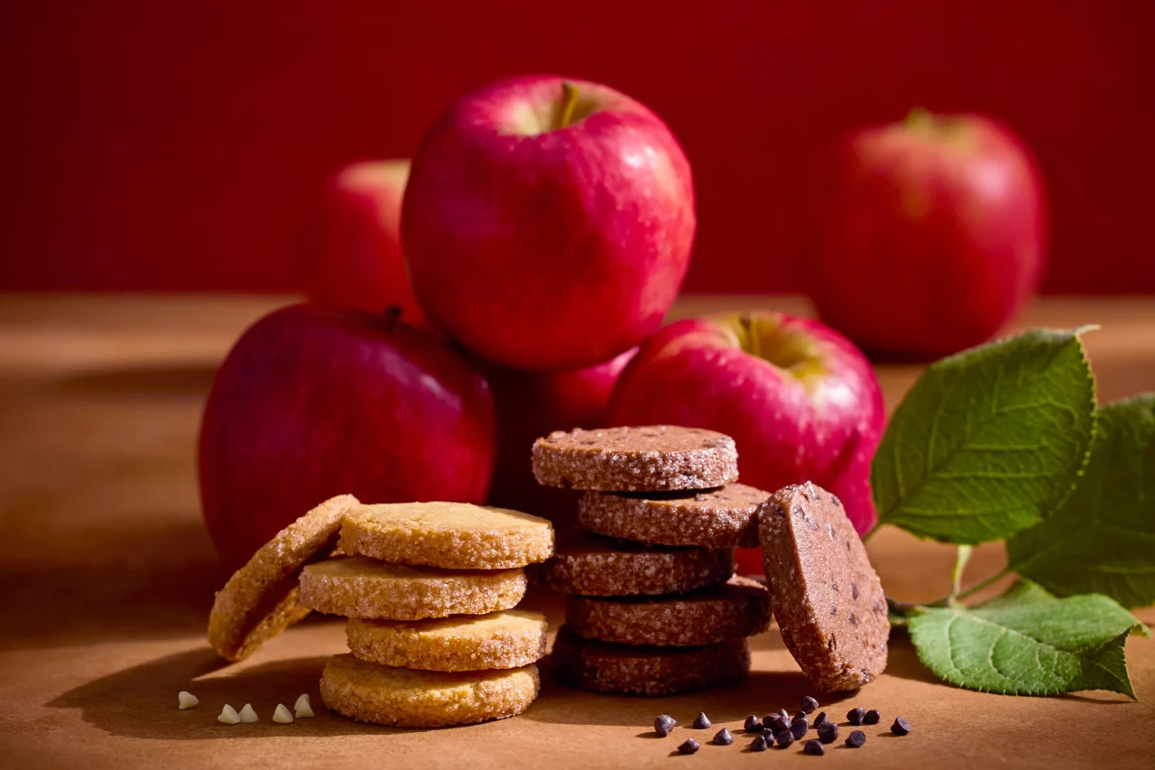 カカオサブレ（甘蜜りんご）の2種類のサブレと赤いりんご