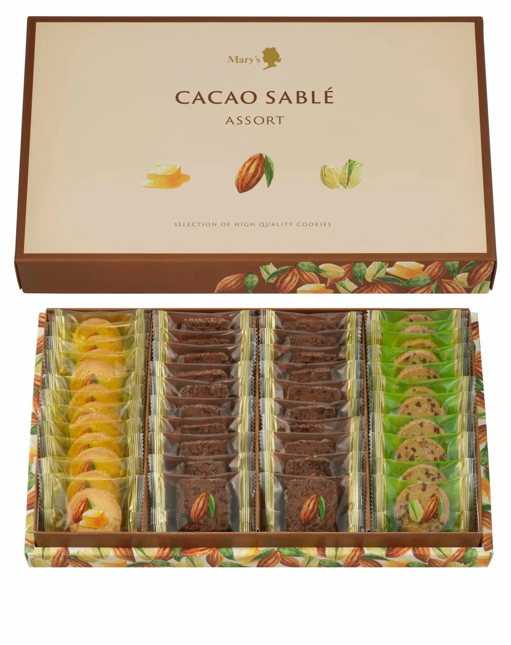 カカオサブレアソートの箱と個包装の焼き菓子が並ぶ様子