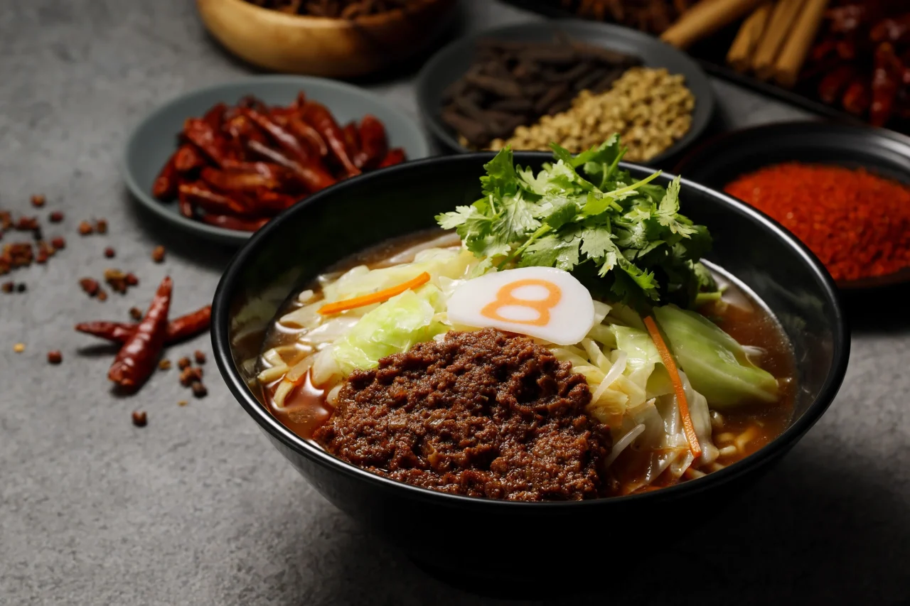 辣醤肉味噌とパクチーをのせた野菜辣醤麺。周囲に唐辛子や香辛料