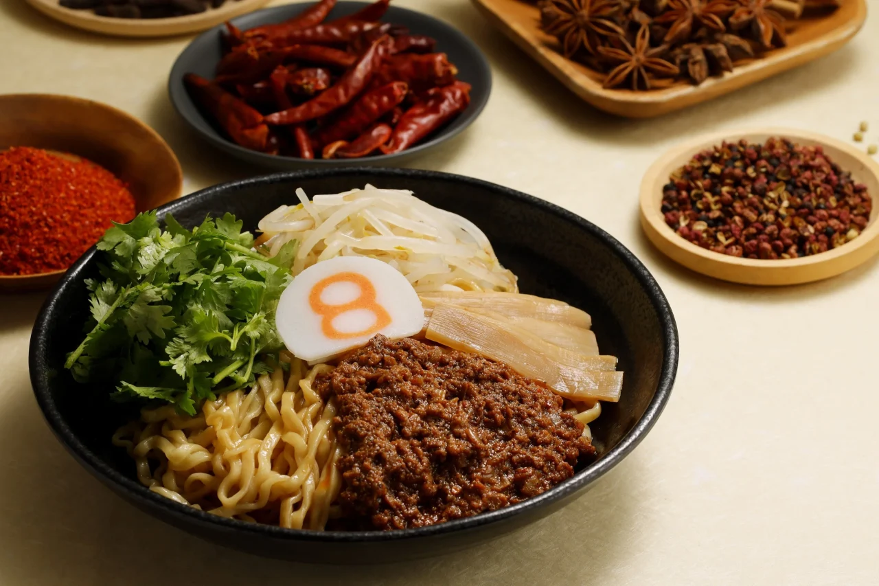 辣醤まぜそば。肉味噌、パクチー、もやし、メンマをのせた麺の器