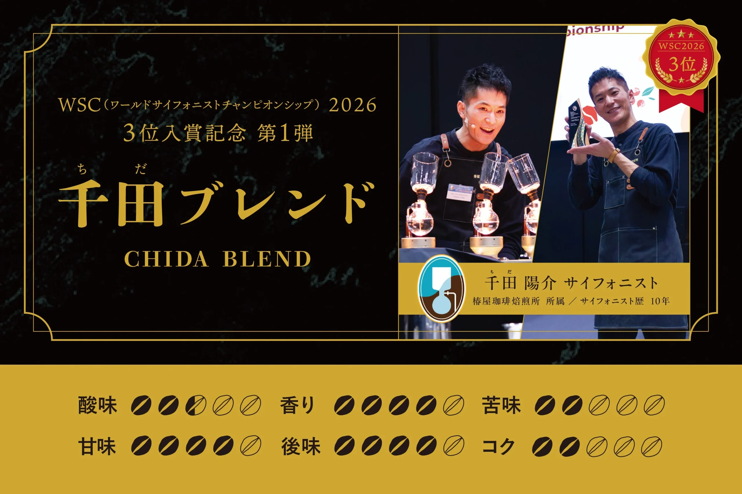 千田ブレンドの告知ビジュアル。サイフォンと千田陽介サイフォニストの写真、味わいの評価付き