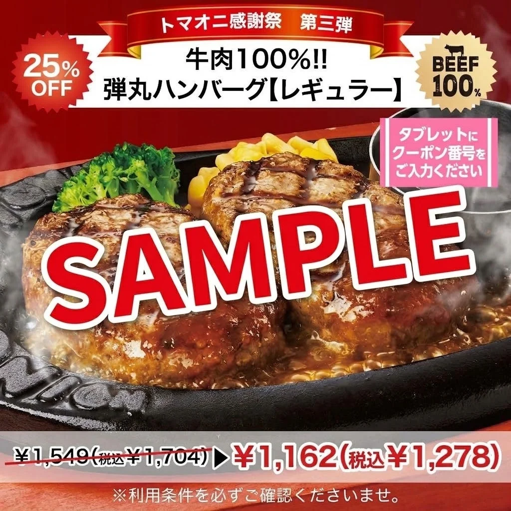 弾丸ハンバーグ【レギュラー】25％OFFクーポンのサンプル画像。鉄板のハンバーグ2個